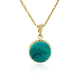 14K Gold Turquoise Pendant - Handmade, Large Round Gem for Women