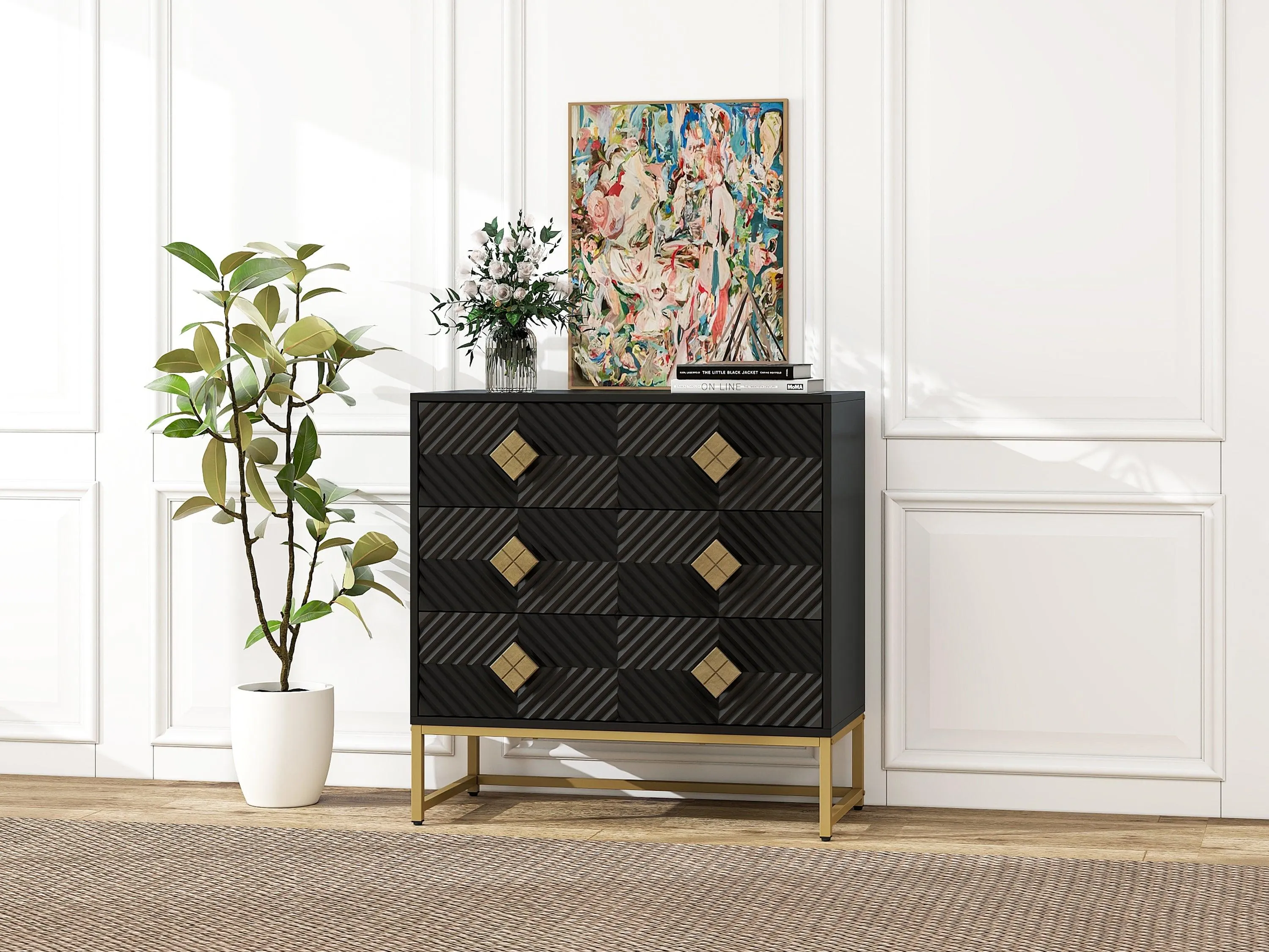 3-Drawer Storage Cabinet, Modern Dresser Chest with Embossed Pattern Doors, for Entryway, Living Room, Bedroom.