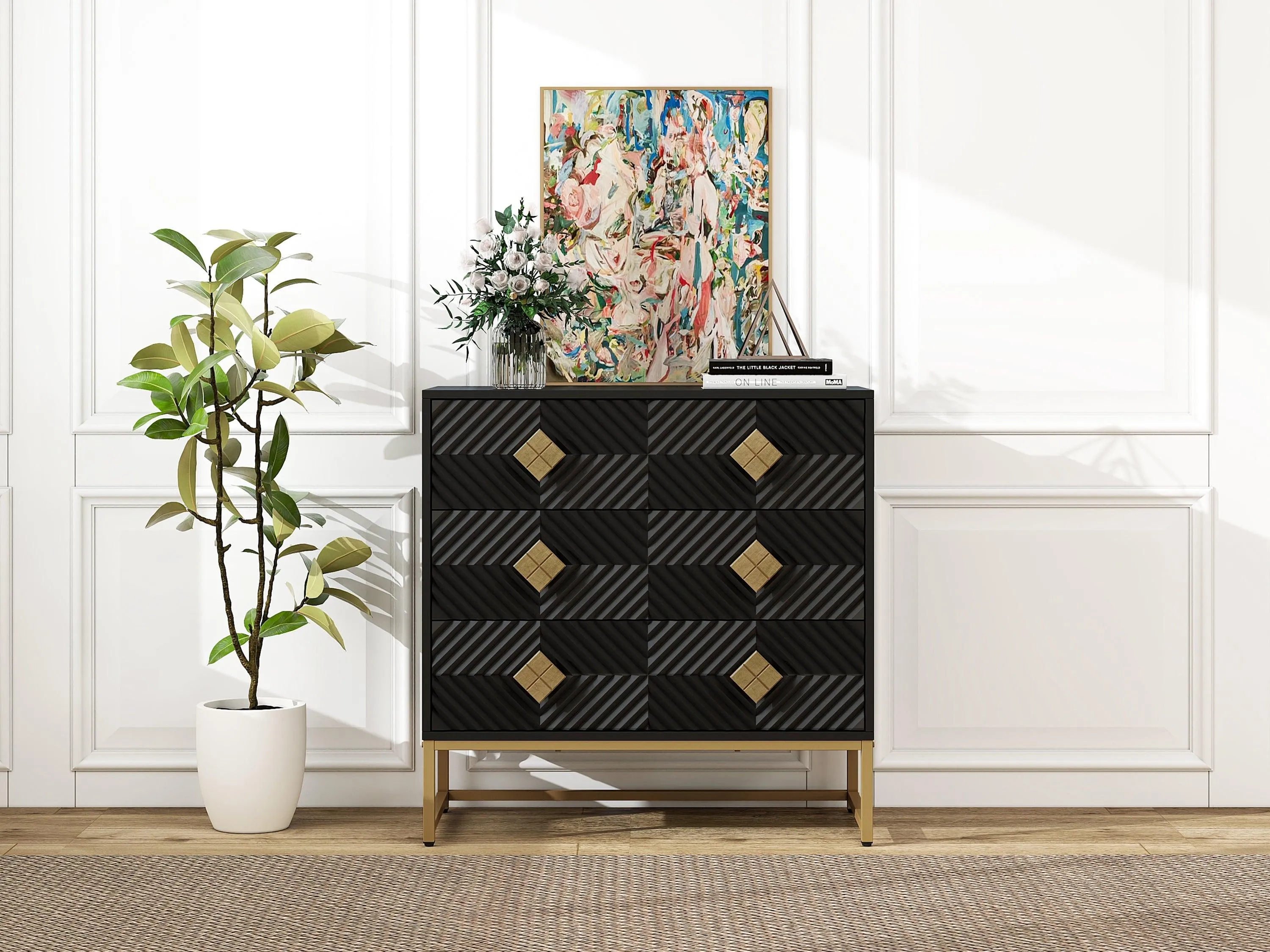 3-Drawer Storage Cabinet, Modern Dresser Chest with Embossed Pattern Doors, for Entryway, Living Room, Bedroom.