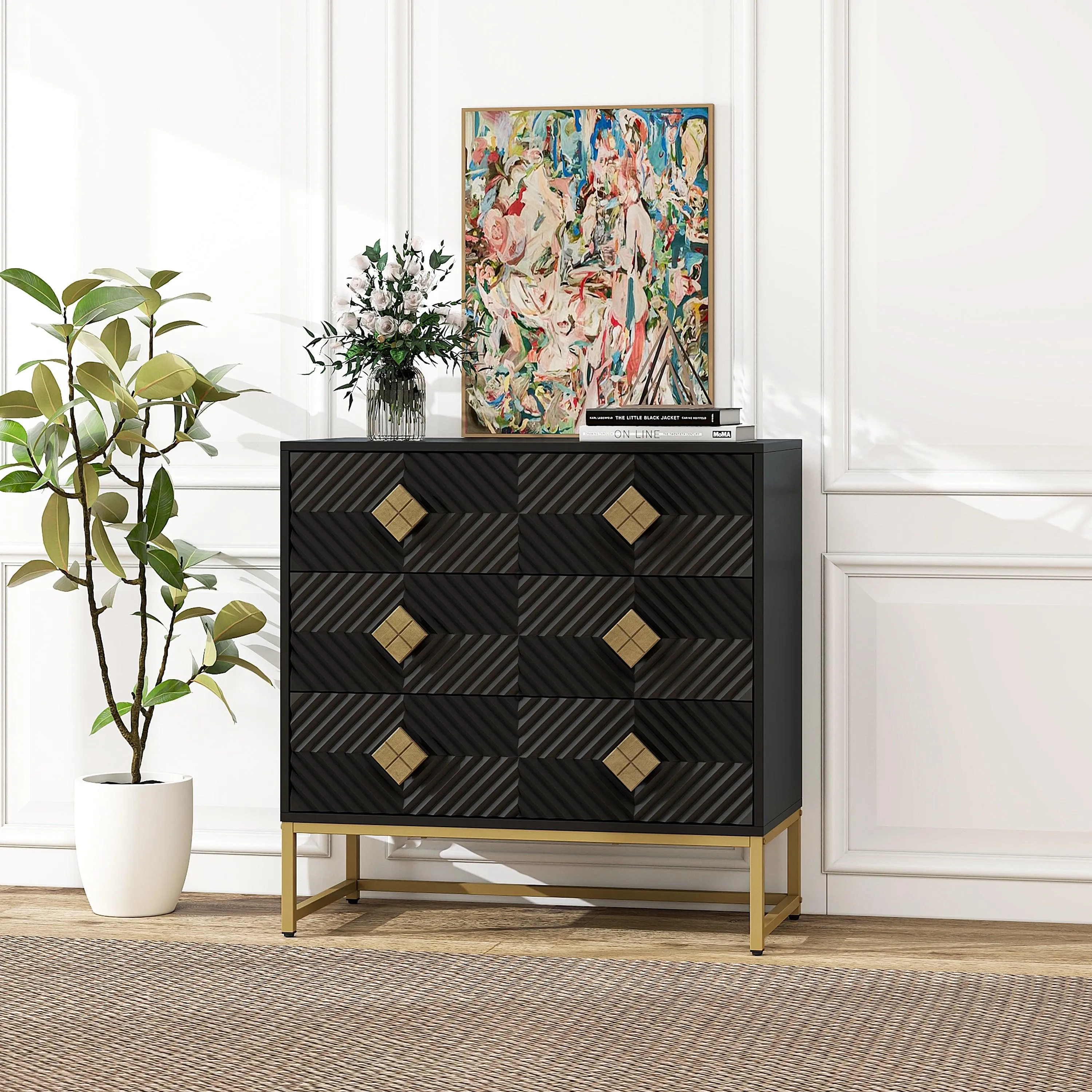 3-Drawer Storage Cabinet, Modern Dresser Chest with Embossed Pattern Doors, for Entryway, Living Room, Bedroom.