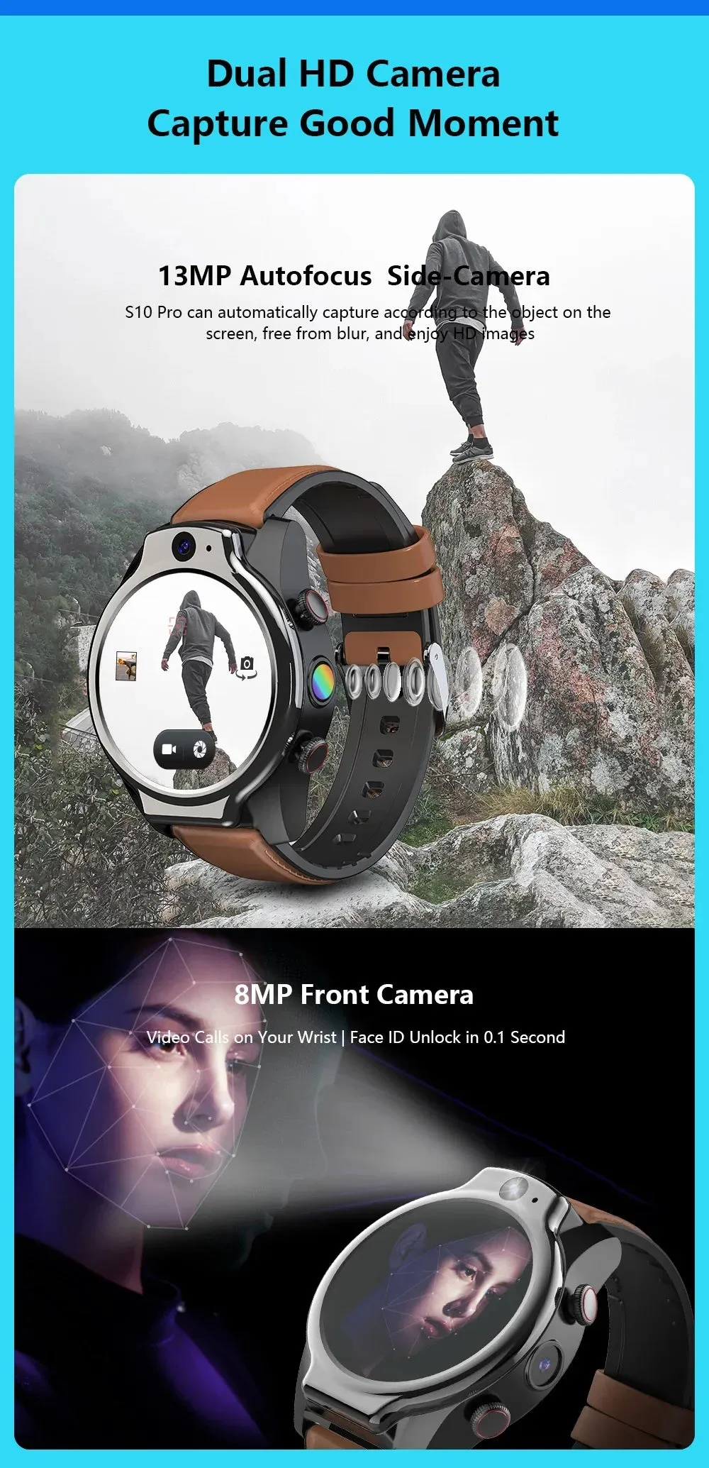 4G 13MP Rear Camera GPS Health Monitoring Waterproof Smartwatch