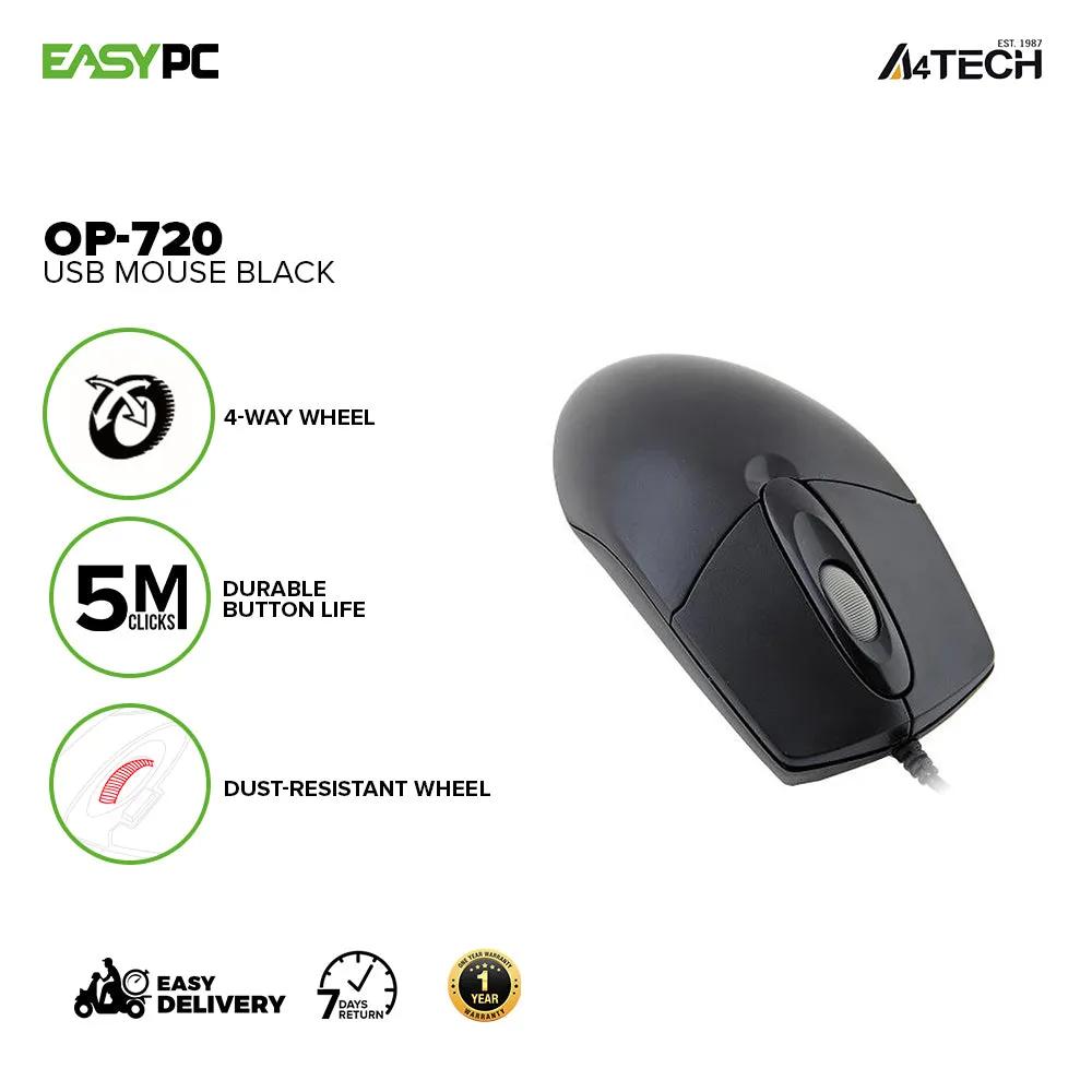 A4Tech OP-720 and OP-720s Usb Plug and Play, Dust resistant wheel, Symmetric Ergonomic Design Wired Mouse Black