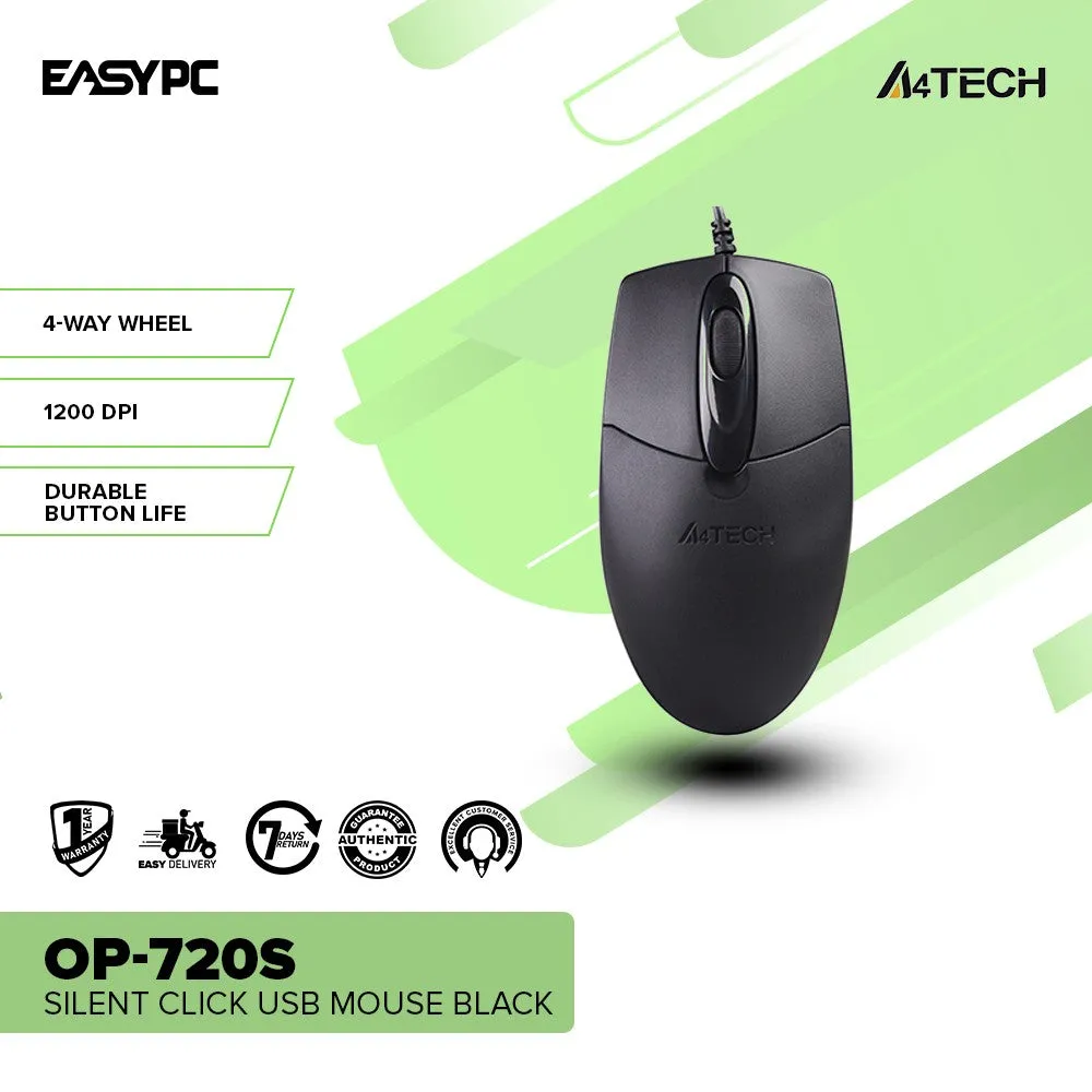 A4Tech OP-720 and OP-720s Usb Plug and Play, Dust resistant wheel, Symmetric Ergonomic Design Wired Mouse Black