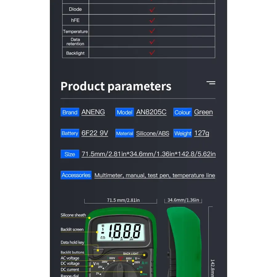 AN8205C Digital Multimeter AC/DC Volt Meter DC Ammeter Tester