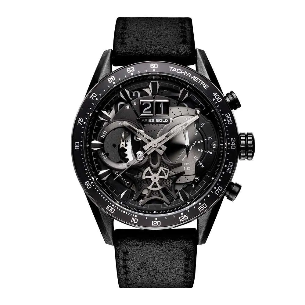 ARIES GOLD CHRONOGRAPH JOLTER BLACK STAINLESS STEEL G 7008 BK-BK LEATHER STRAP MEN'S WATCH