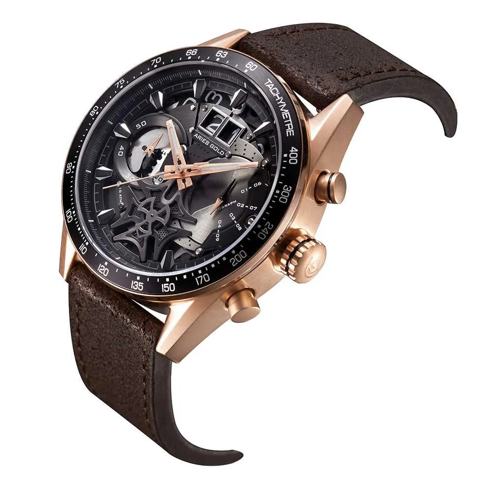 ARIES GOLD CHRONOGRAPH JOLTER ROSE GOLD STAINLESS STEEL G 7008 RG-BK BROWN LEATHER STRAP MEN'S WATCH