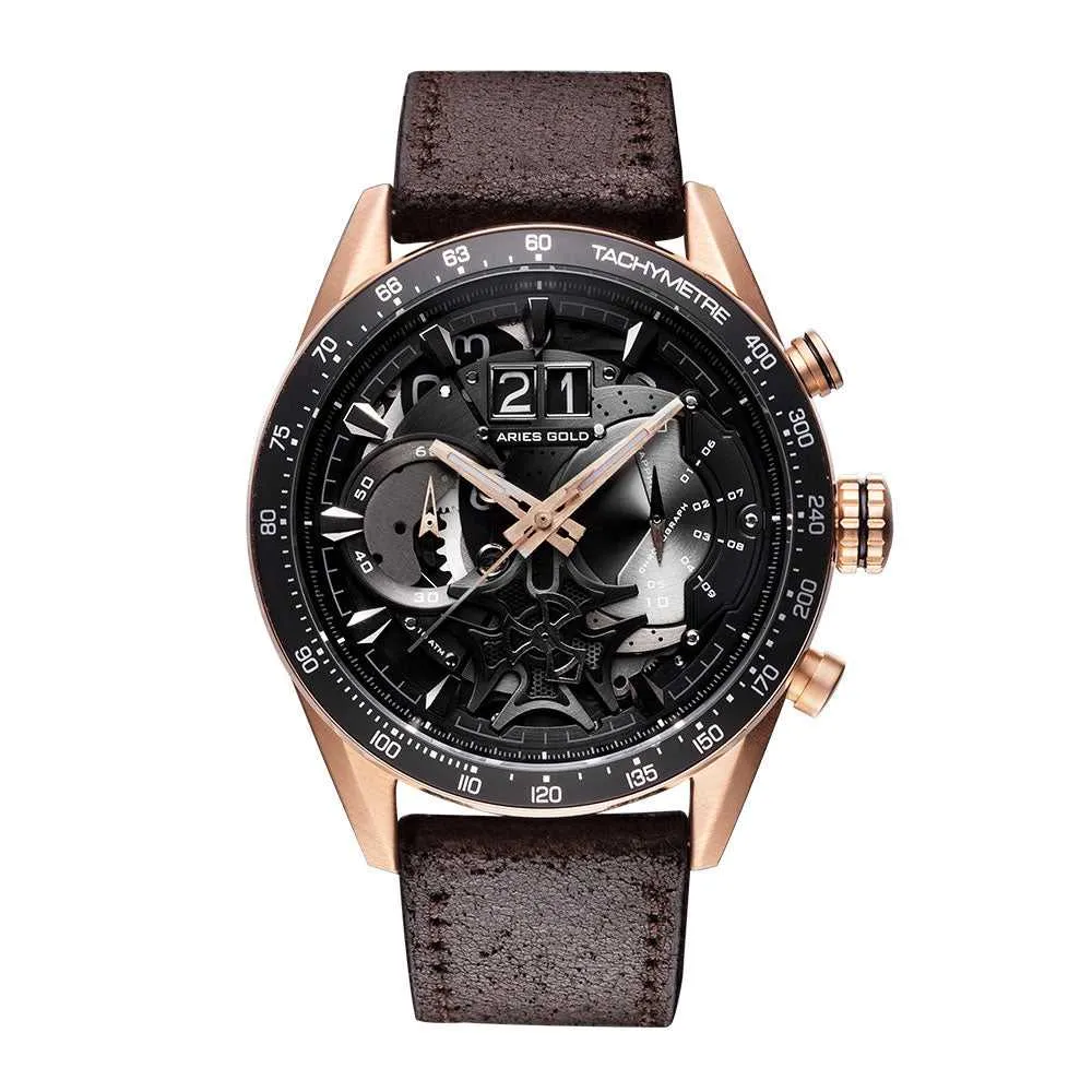 ARIES GOLD CHRONOGRAPH JOLTER ROSE GOLD STAINLESS STEEL G 7008 RG-BK BROWN LEATHER STRAP MEN'S WATCH