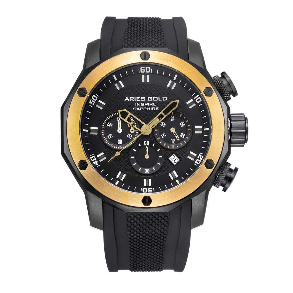 ARIES GOLD CHRONOGRAPH VENTURER GOLD STAINLESS STEEL G 7012Z BK-G BLACK SILICONE STRAP MEN'S WATCH