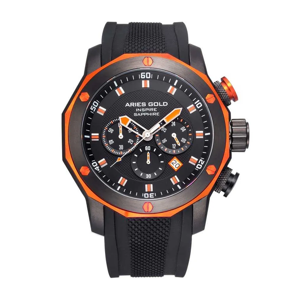 ARIES GOLD CHRONOGRAPH VENTURER ORANGE STAINLESS STEEL G 7012Z BK-OR BLACK SILICONE STRAP MEN'S WATCH