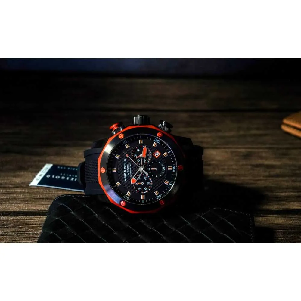 ARIES GOLD CHRONOGRAPH VENTURER ORANGE STAINLESS STEEL G 7012Z BK-OR BLACK SILICONE STRAP MEN'S WATCH