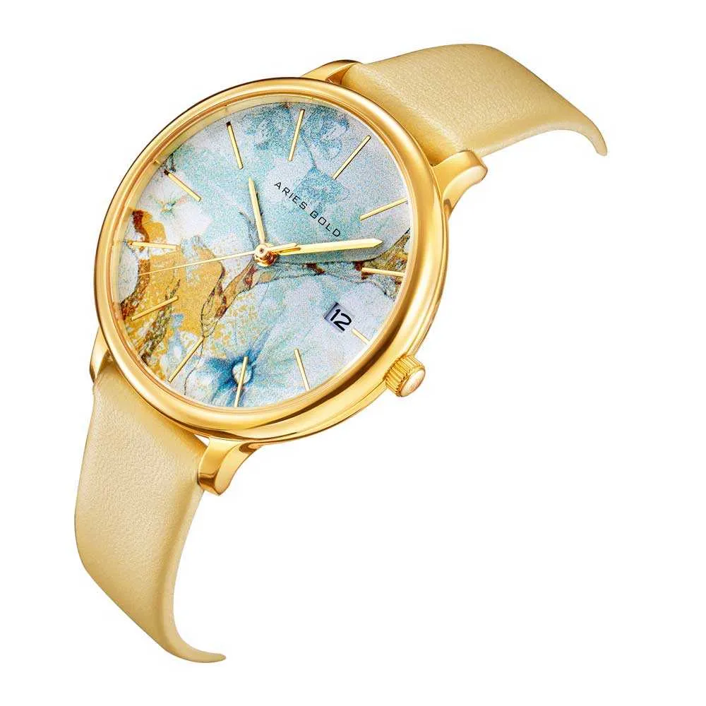 ARIES GOLD ENCHANT FLEUR GOLD STAINLESS STEEL L 5035 G-ORFL LEATHER STRAP WOMEN'S WATCH