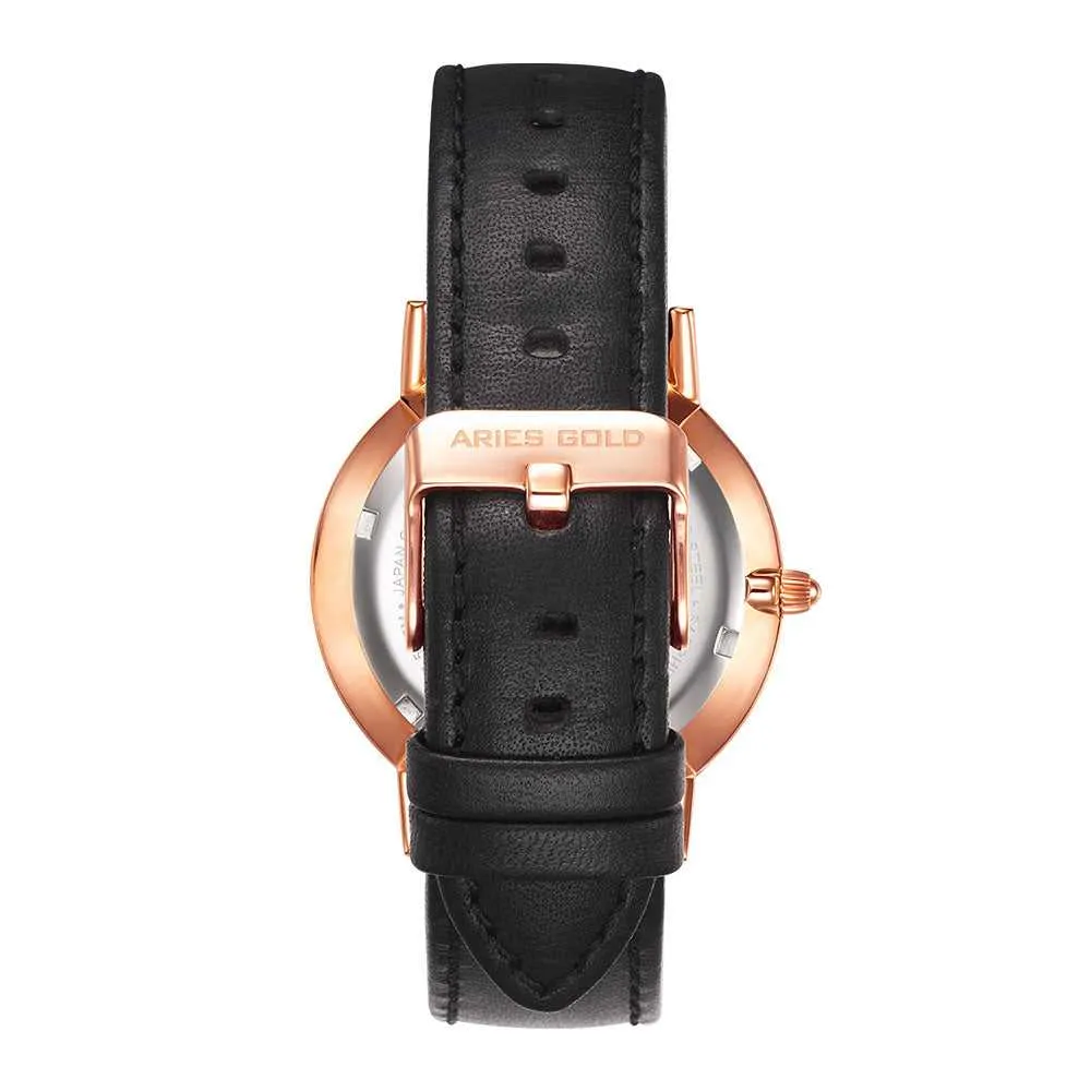 ARIES GOLD URBAN SANTOS ROSE GOLD STAINLESS STEEL G 1022 RG-BK BLACK LEATHER STRAP MEN'S WATCH