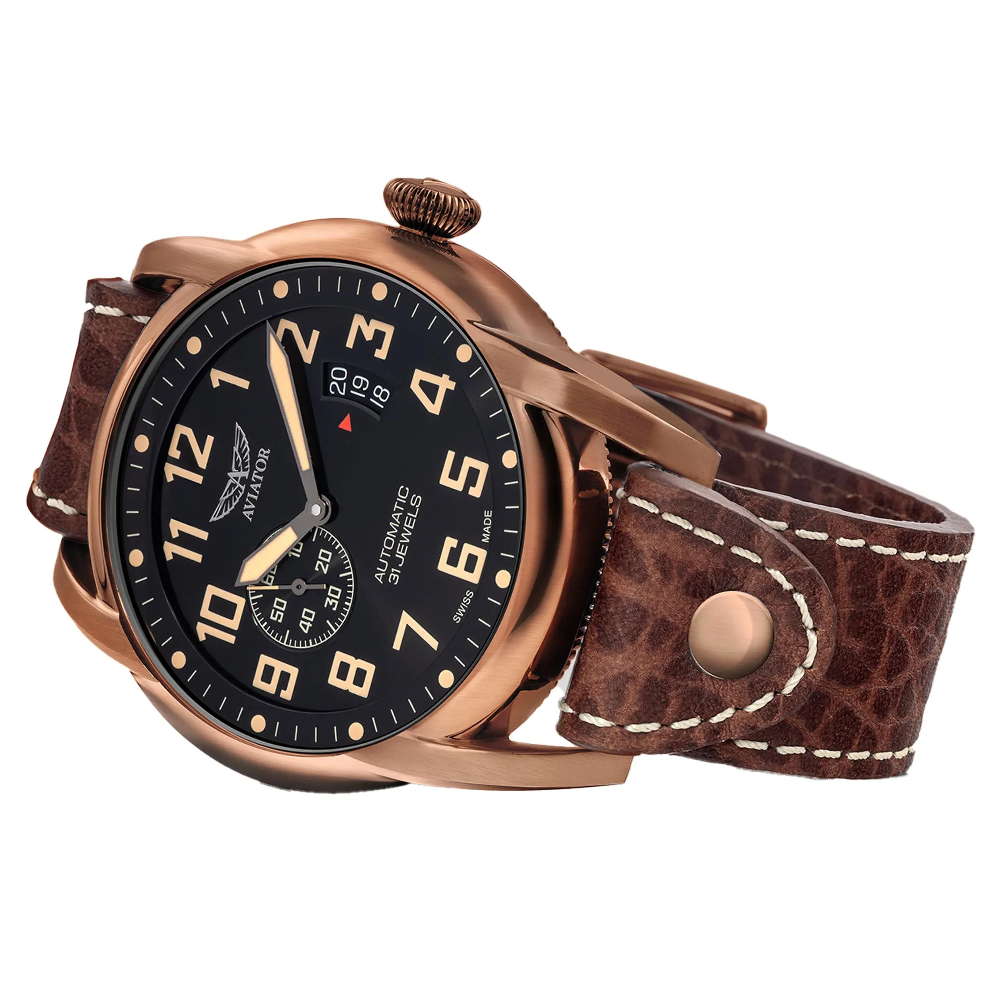 Aviator Brown Leather Black Dial Swiss Made Men's Automatic Watch - V31881624