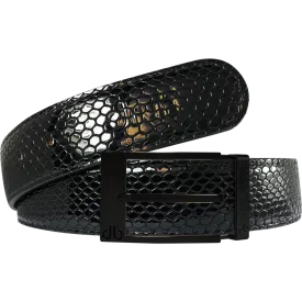 Black Snakeskin Texture Leather Belt with Matte Prong Buckle