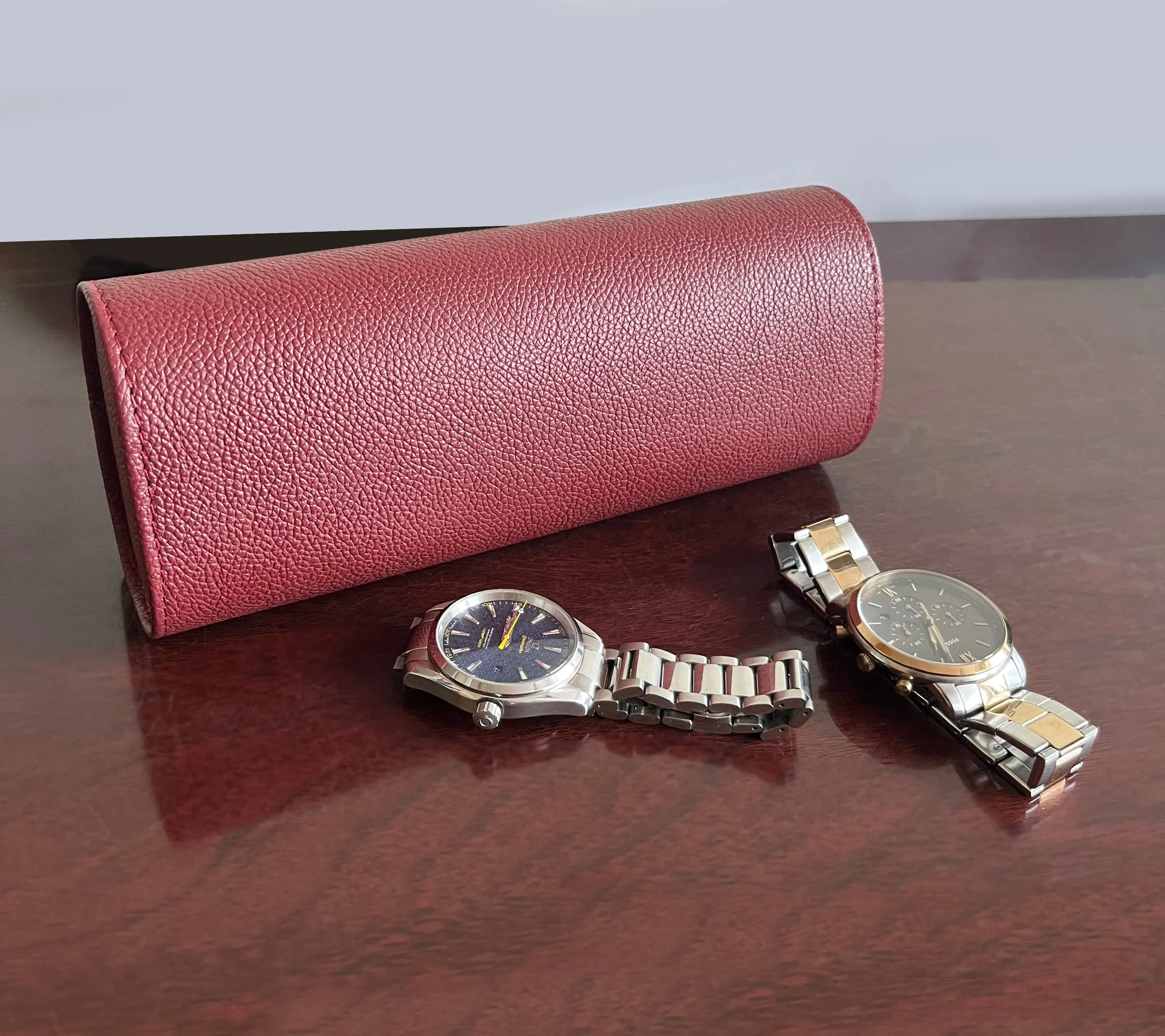 Classic Leather Travel Watch Case - 3 Slots (Red)