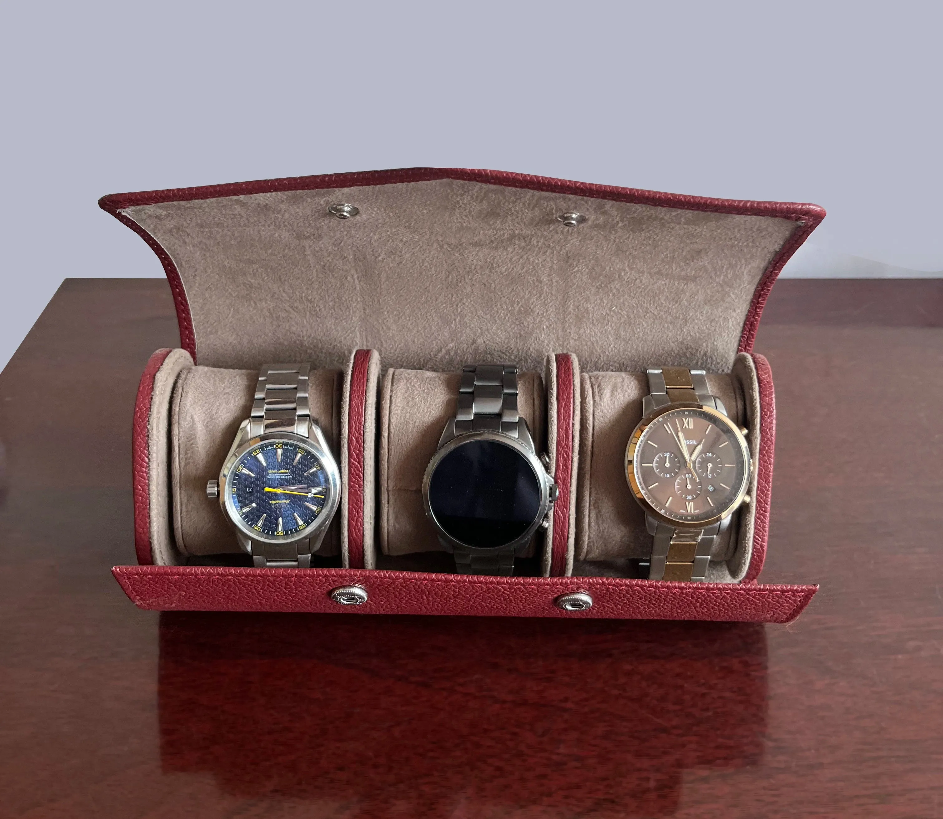 Classic Leather Travel Watch Case - 3 Slots (Red)