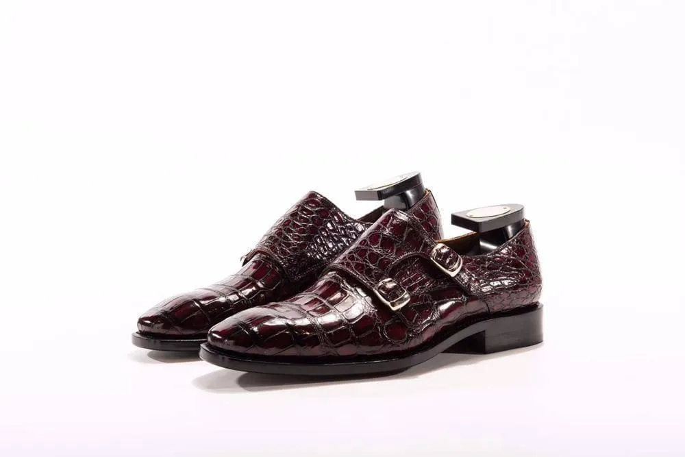 Crocodile Shoes Goodyear Fashion Double Monk Strap Mens Dress Shoes Crocodile Leather - Wine Red