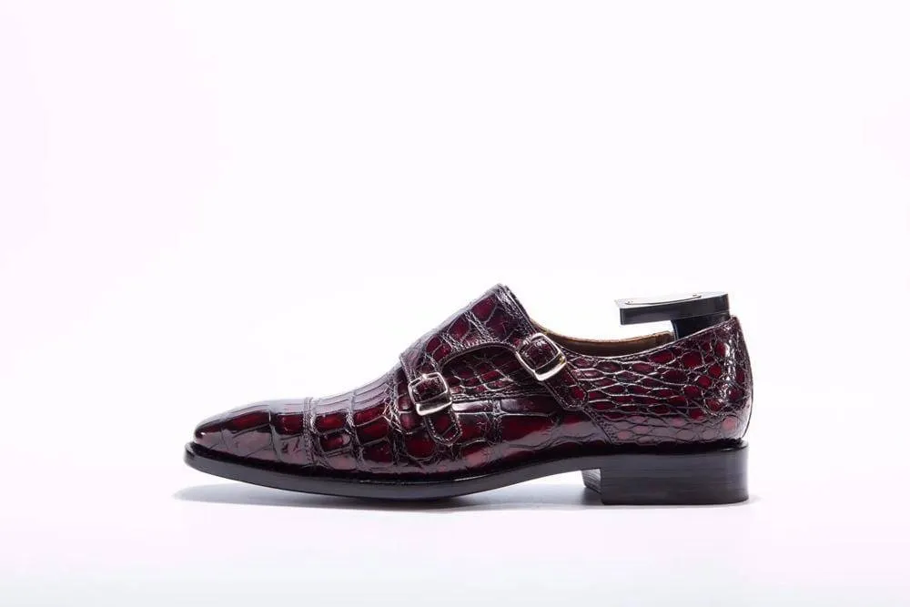 Crocodile Shoes Goodyear Fashion Double Monk Strap Mens Dress Shoes Crocodile Leather - Wine Red