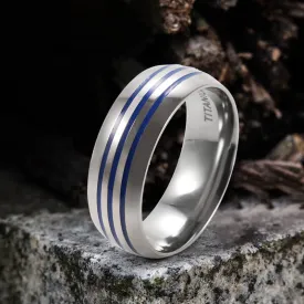 Curved Blue Triple Groove Titanium Ring