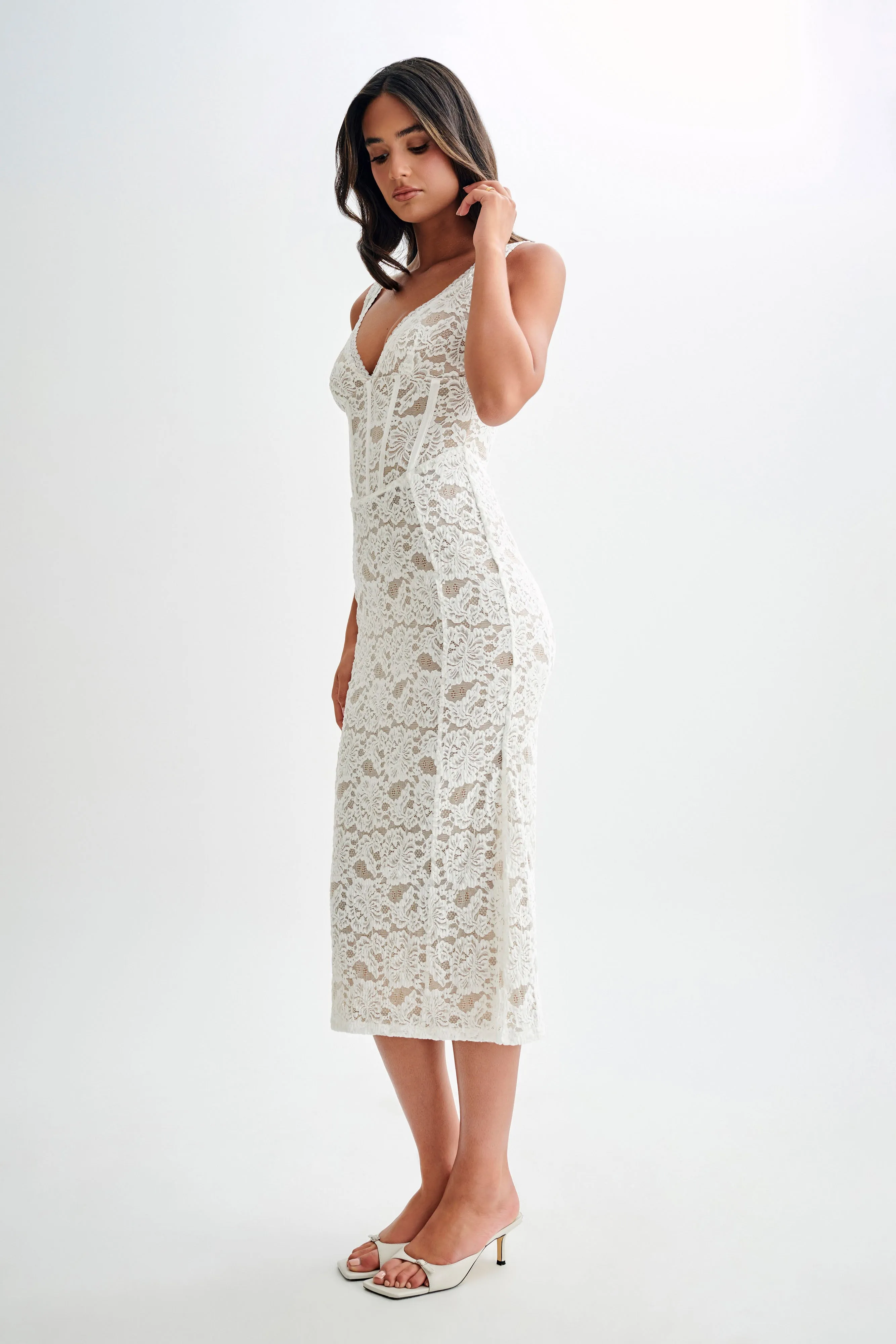 Doria Lace Plisse Midi Dress - Ivory