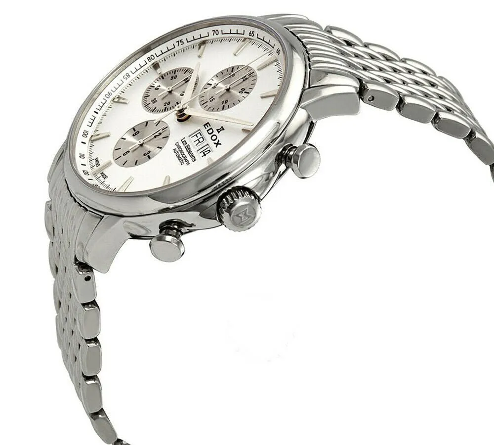 Edox Les Bemonts Swiss Automatic Chronograph Date Silver Dial Stainless Steel Men's Watch 01120-3M-AIN