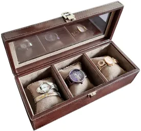 Elite Leather Watch Case - 3 Slots (Brown)