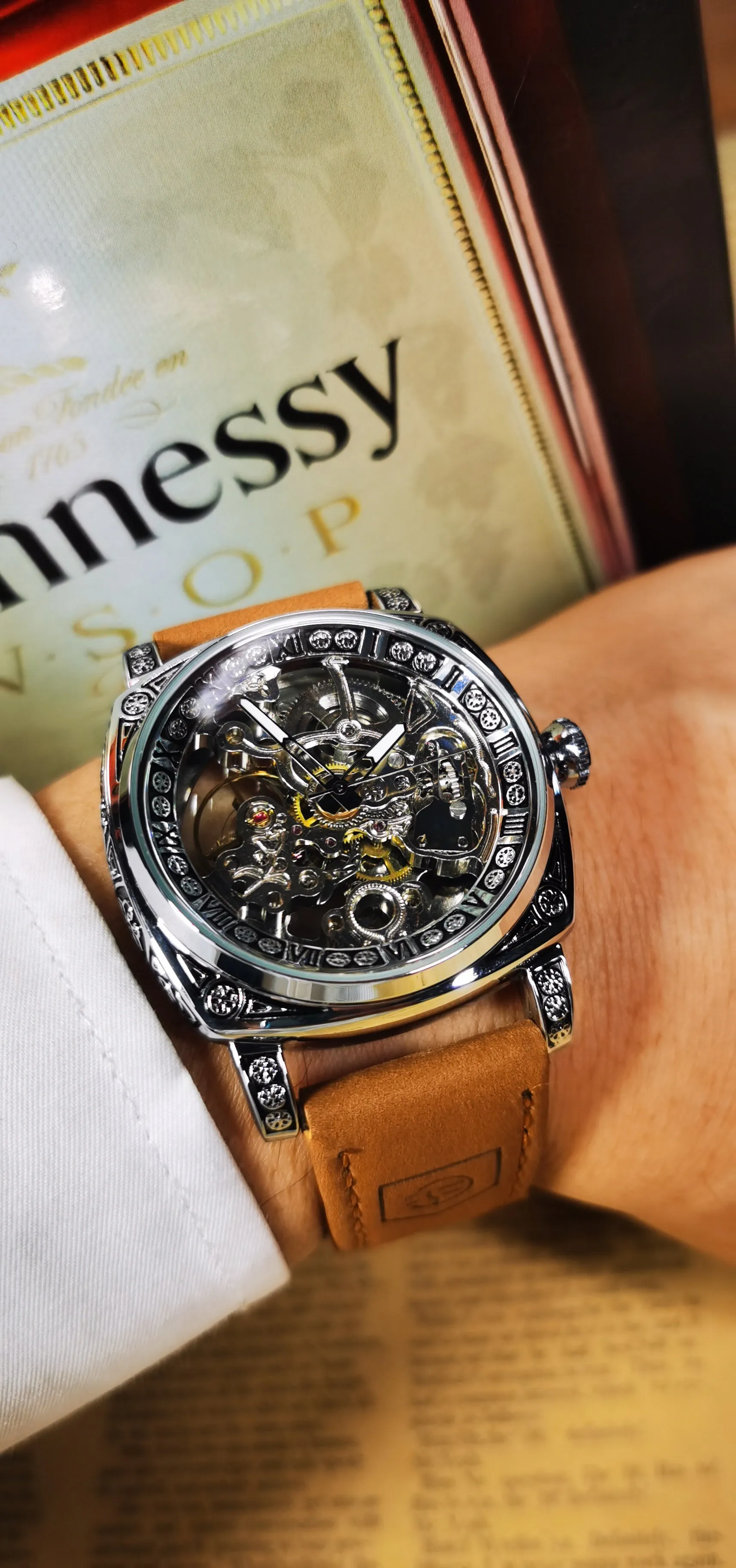 Forsining Luxury Engraved Square Gold Skeleton Automatic Mechanical Mens Watches TM 403 Crazy Horse Leather Strap