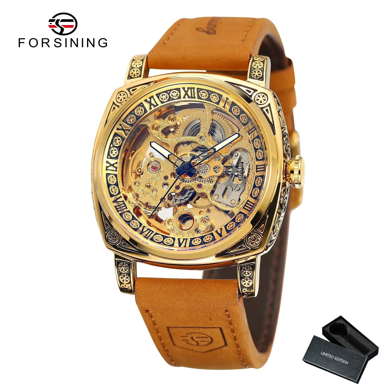 Forsining Luxury Engraved Square Gold Skeleton Automatic Mechanical Mens Watches TM 403 Crazy Horse Leather Strap