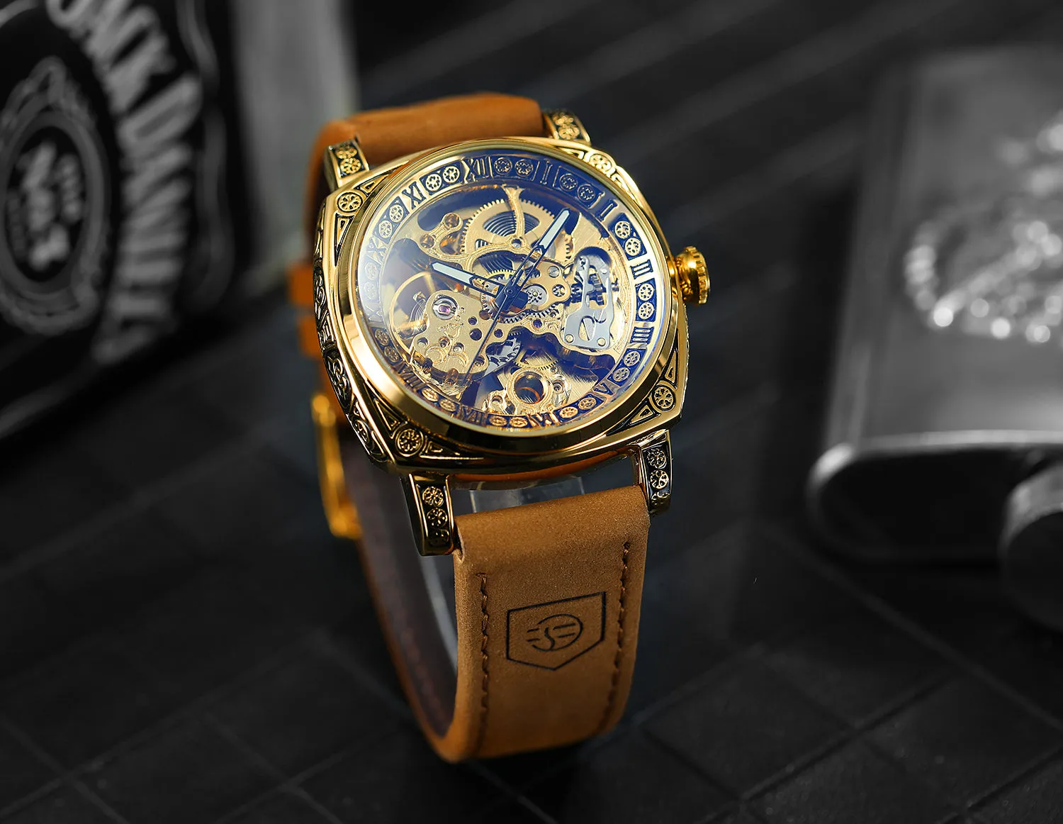 Forsining Luxury Engraved Square Gold Skeleton Automatic Mechanical Mens Watches TM 403 Crazy Horse Leather Strap