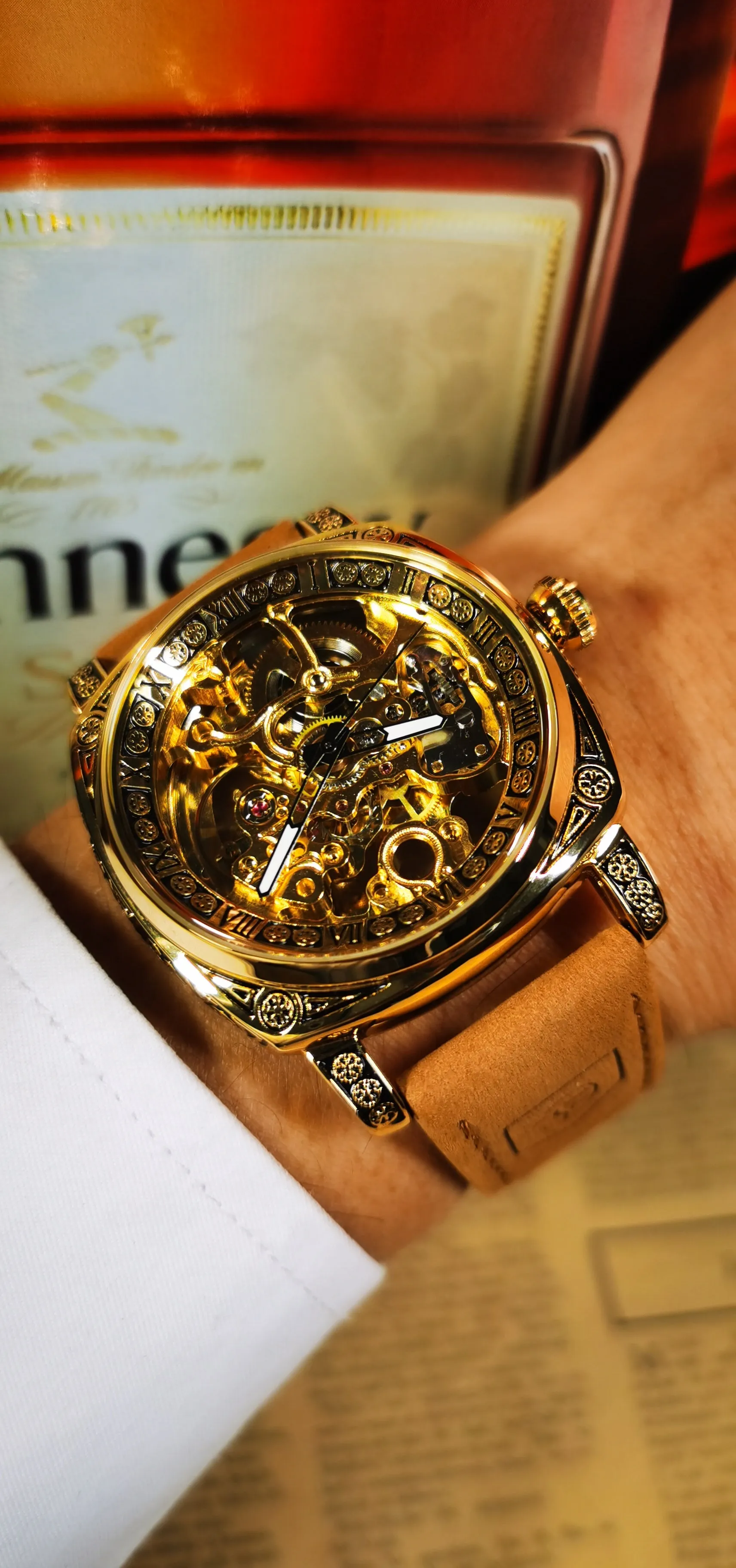 Forsining Luxury Engraved Square Gold Skeleton Automatic Mechanical Mens Watches TM 403 Crazy Horse Leather Strap