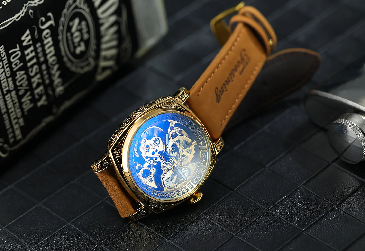 Forsining Luxury Engraved Square Gold Skeleton Automatic Mechanical Mens Watches TM 403 Crazy Horse Leather Strap