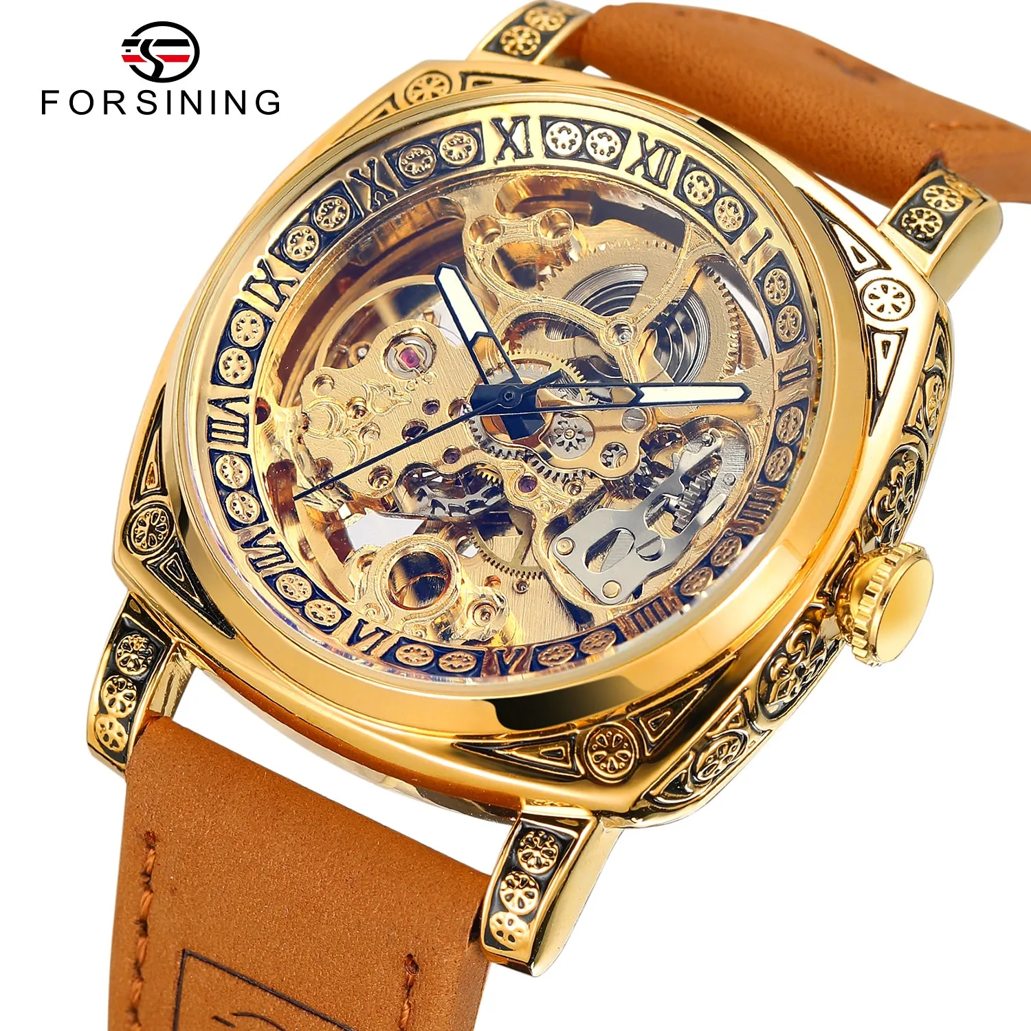 Forsining Luxury Engraved Square Gold Skeleton Automatic Mechanical Mens Watches TM 403 Crazy Horse Leather Strap