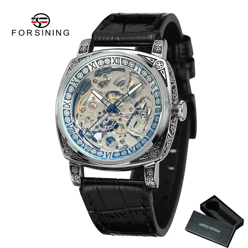 Forsining Luxury Engraved Square Gold Skeleton Automatic Mechanical Mens Watches TM 403 Crazy Horse Leather Strap