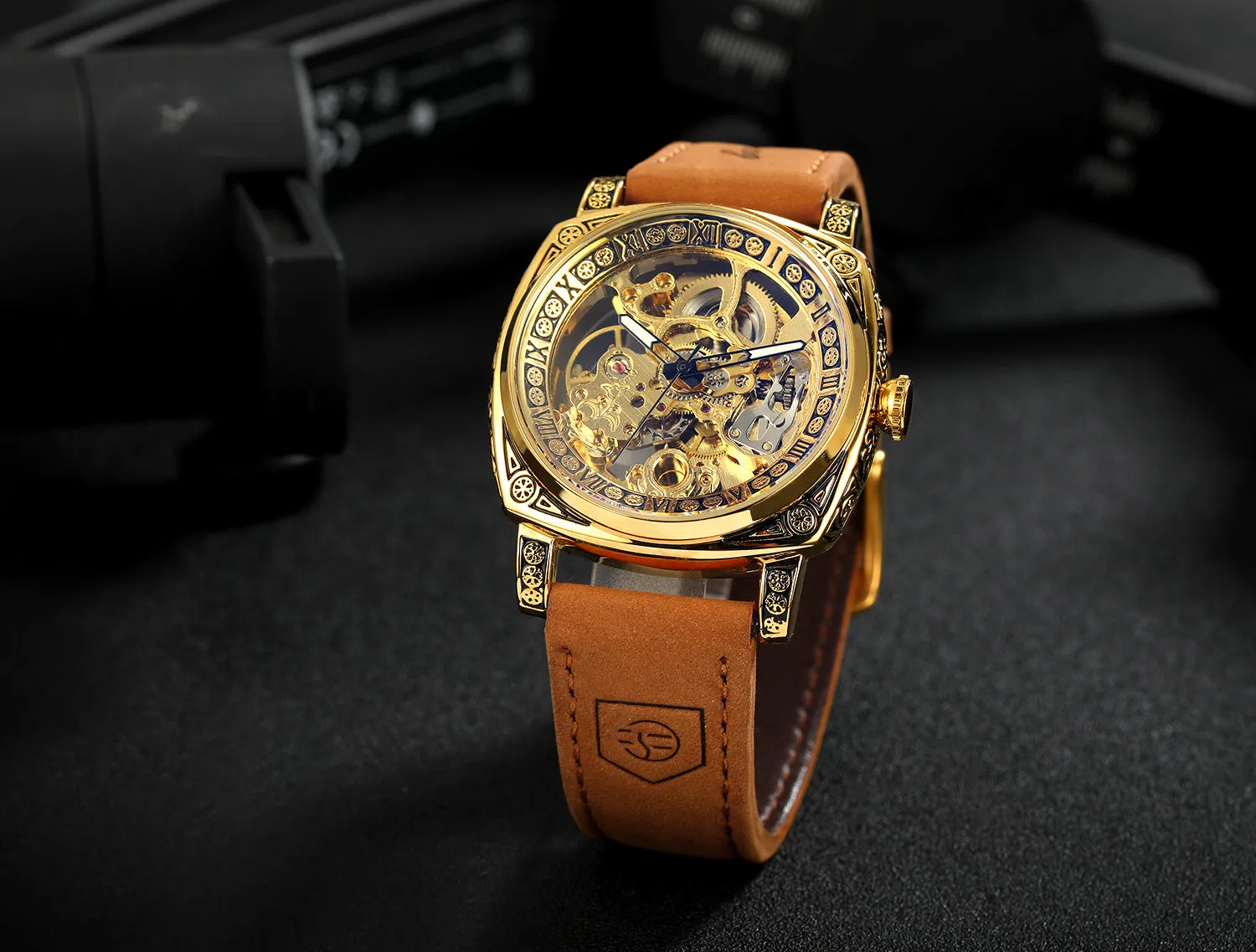 Forsining Luxury Engraved Square Gold Skeleton Automatic Mechanical Mens Watches TM 403 Crazy Horse Leather Strap