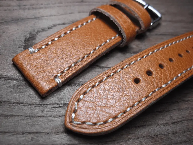 Handmade Brown Italian Calfskin Watch Strap and White Stitches 20mm Diving Watch Mountaineering Watch