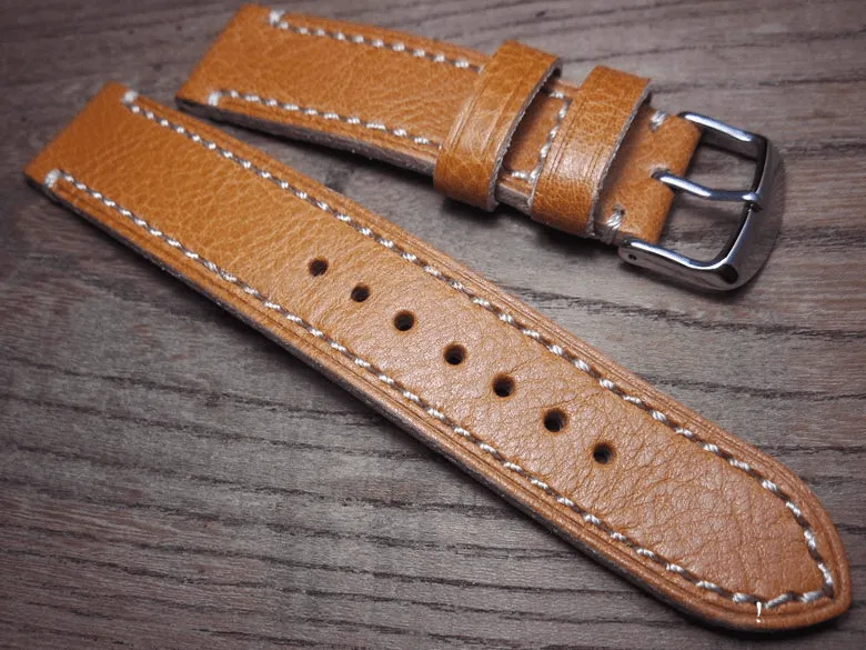 Handmade Brown Italian Calfskin Watch Strap and White Stitches 20mm Diving Watch Mountaineering Watch