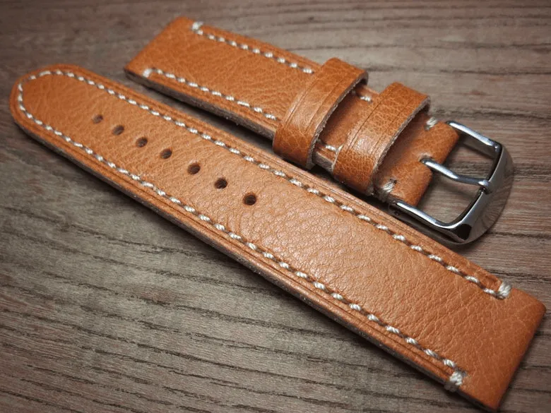 Handmade Brown Italian Calfskin Watch Strap and White Stitches 20mm Diving Watch Mountaineering Watch