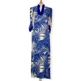 Hawaiian Muumuu Dress with Blue Velvet Trim | Palm Leaf Print 2656