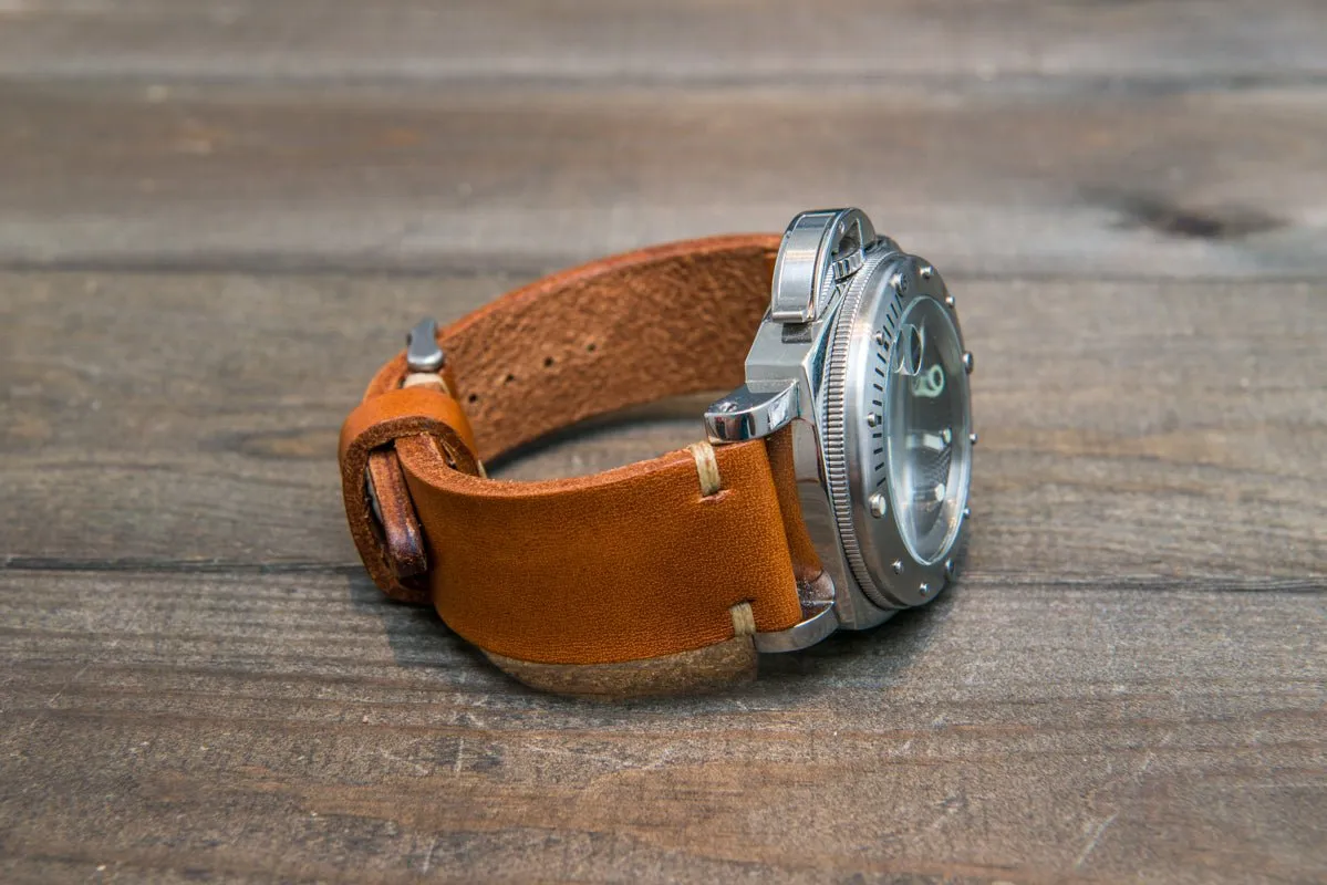 Italian bull tapered leather watch strap 4 mm thick, Cognac Oily, handmade in Finland -  16mm, 17 mm, 18mm, 19 mm, 20mm, 21mm, 22mm, 23 mm, 24mm, 25 mm, 26 mm.