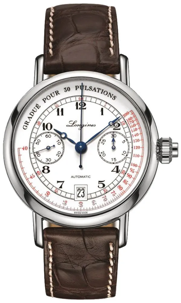 Longines Heritage Column Wheel Pulsometer Chronograph Automatic White Dial Brown Leather Strap Date Mens Watch L2.801.4.23.2