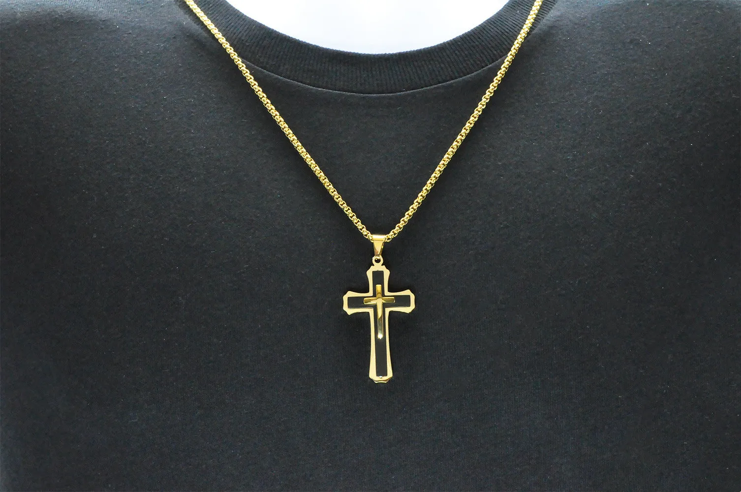 Mens Black And Gold Plated Stainless Steel Cross Pendant Necklace