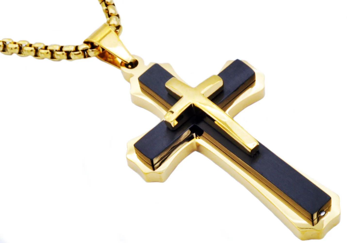 Mens Black And Gold Plated Stainless Steel Cross Pendant Necklace