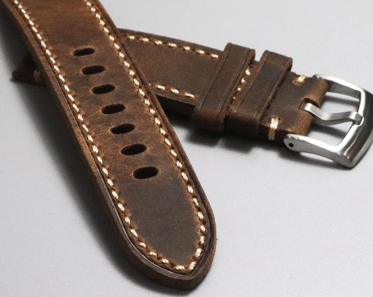 Men's Handmade Crazy Horse Leather Deep Brown Watch Strap Handmade Thick First-layer Leather Pure Handmade 20mm 22mm Cowhide