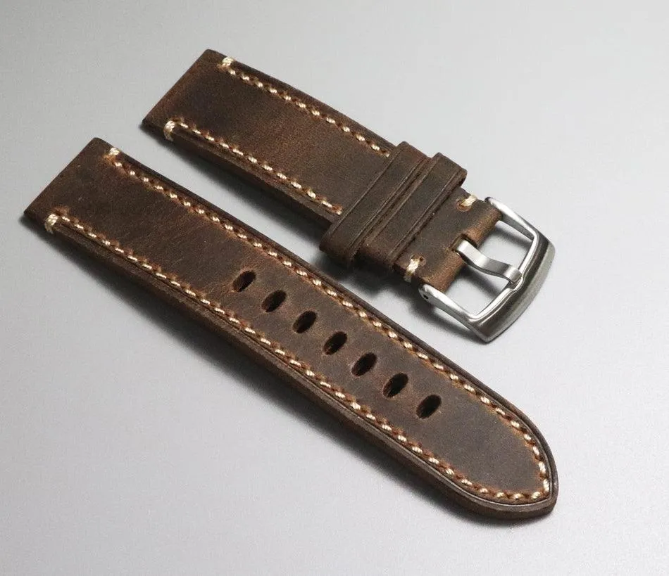 Men's Handmade Crazy Horse Leather Deep Brown Watch Strap Handmade Thick First-layer Leather Pure Handmade 20mm 22mm Cowhide