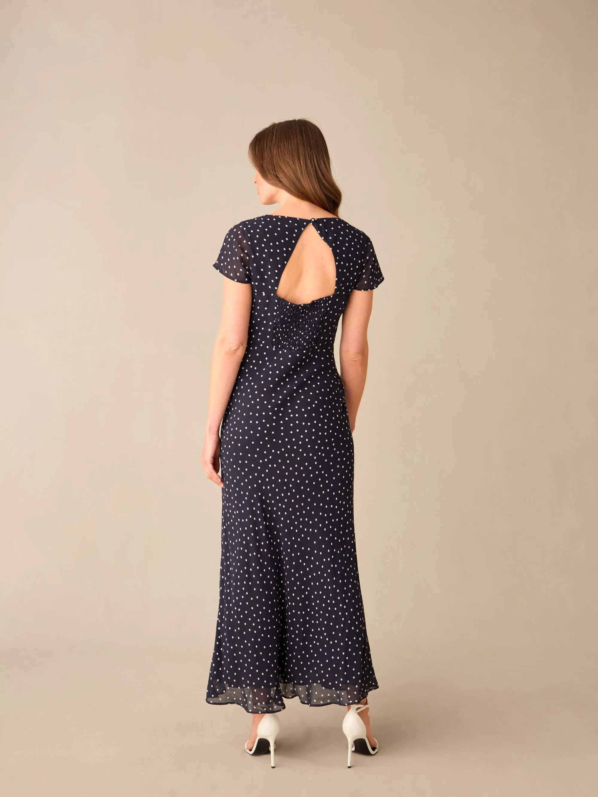 Petite Navy Spot Print Sweetheart Neckline Midi Dress