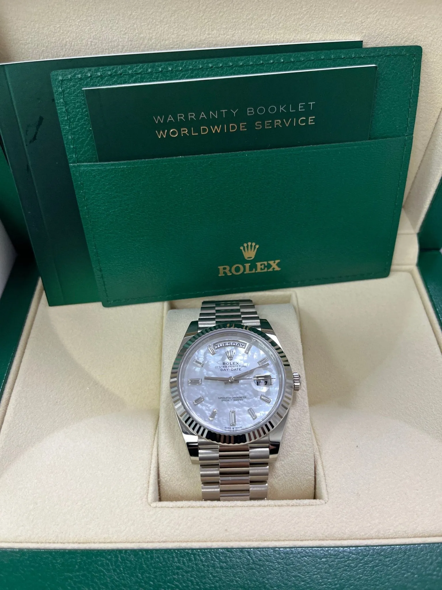 Rolex Day-Date 40 White Gold Mother of Pearl Diamond Dial 228239