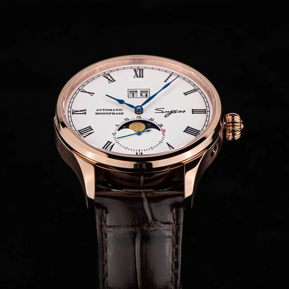 Sugess Automatic Moon Phase Men's Watch Gold Color Case with Seagull Movement, Business Elegance, and Enamel Dial