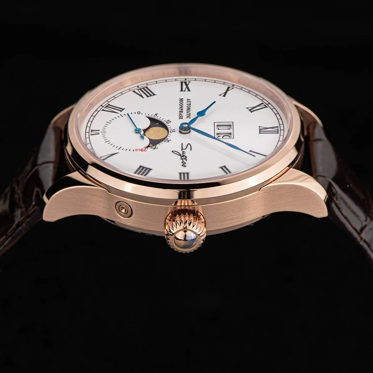 Sugess Automatic Moon Phase Men's Watch Gold Color Case with Seagull Movement, Business Elegance, and Enamel Dial