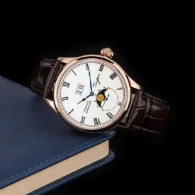 Sugess Automatic Moon Phase Men's Watch Gold Color Case with Seagull Movement, Business Elegance, and Enamel Dial