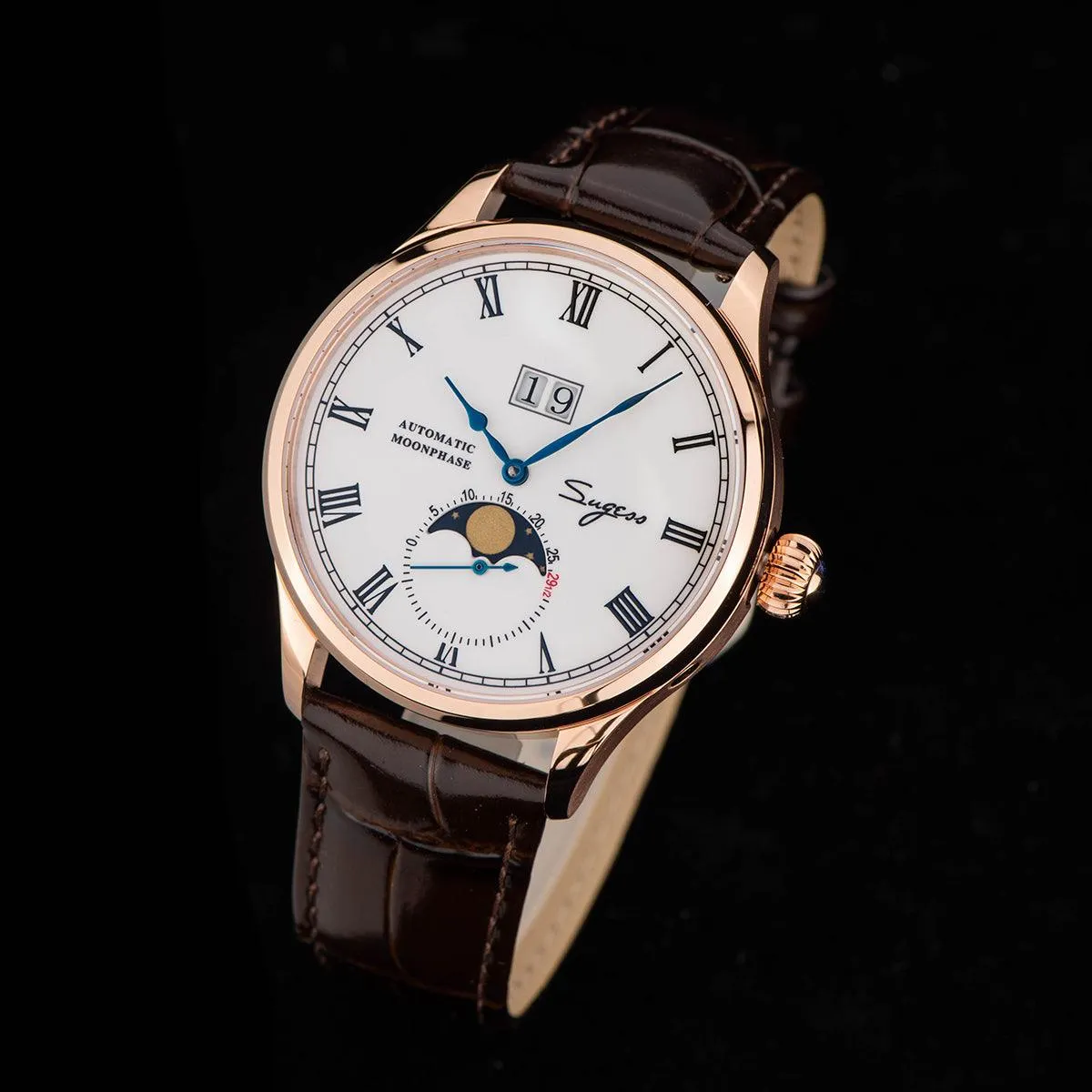 Sugess Automatic Moon Phase Men's Watch Gold Color Case with Seagull Movement, Business Elegance, and Enamel Dial